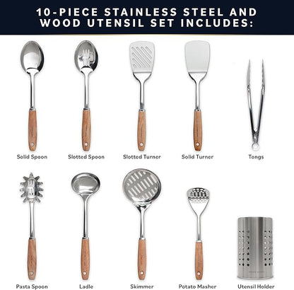 Home Hero Stainless Steel Kitchen Utensils Set - Wood Handle Nonstick Stainless Steel Cooking Utensils Set - Heat Resistant Kitchen Essentials & Metal Kitchen Gadgets (Silver & Wood) - Image 3