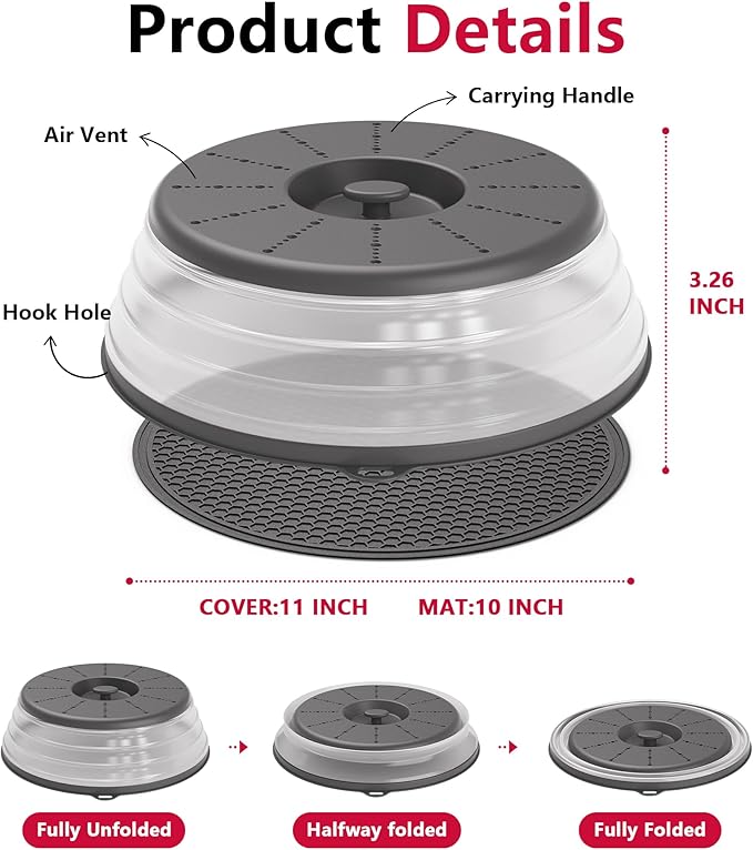 WVM Microwave Splatter Cover & Mat, Vented Collapsible Splatter Guard dish Plate lid & Silicone Round Kitchen Mat for Food, Meal Prep, Dark Grey - Image 6