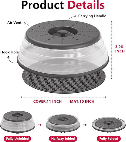 WVM Microwave Splatter Cover & Mat, Vented Collapsible Splatter Guard dish Plate lid & Silicone Round Kitchen Mat for Food, Meal Prep, Dark Grey - Image 6