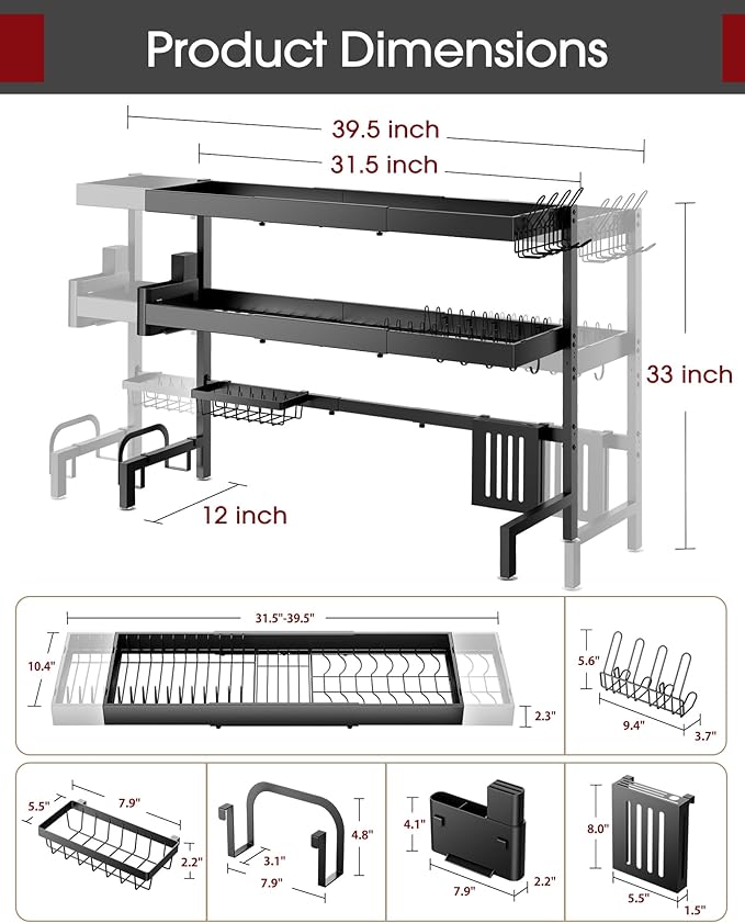 Sakugi Over The Sink Dish Drying Rack, Expandable 3-Tier Stainless Steel Kitchen Storage Organization Accessories for Countertop, Rustproof & Space-Saving, 31.5"–39.5" L x 12" W x 33" H, Black - Image 4
