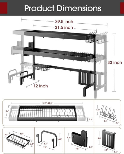 Sakugi Over The Sink Dish Drying Rack, Expandable 3-Tier Stainless Steel Kitchen Storage Organization Accessories for Countertop, Rustproof & Space-Saving, 31.5"–39.5" L x 12" W x 33" H, Black - Image 4