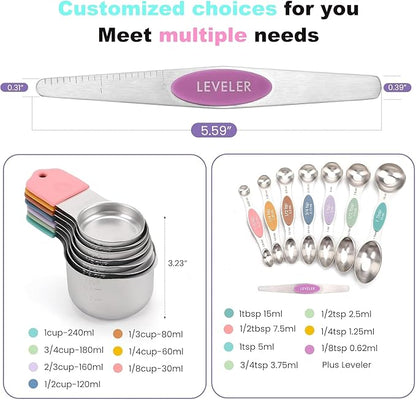 Magnetic Measuring Cups and Spoons Set, N52 Magnetic Nesting Design magnetic spoons, 304 Stainless Steel measuring cups, Dual-sided Design Set of 15 with Leveler for Dry & Liquid Ingredients