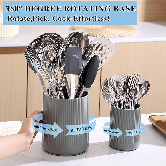 Kyraton Cooking Utensils Holder 2pcs, 360° Rotating Heavy Duty Plastic Kitchen Utensil Holder for Countertop, The Small Utensil Crock for Cutlery Silverware, Tooth Brush, Desk Pencil Pen - Image 3