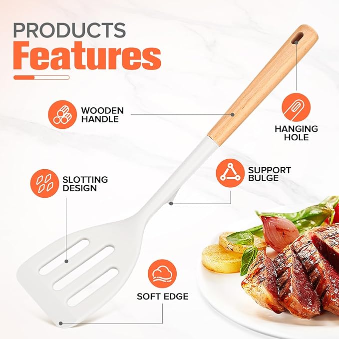 Silicone Cooking Utensils Set of 10 with Wooden Handle,No Scratch for Nonstick Cookware,Slotted Spoon&Spatula,Solid Spoon&Spatula,Large Measuring Ladle,Brush,Rice Paddle,Baking Turner&Flipper (White)
