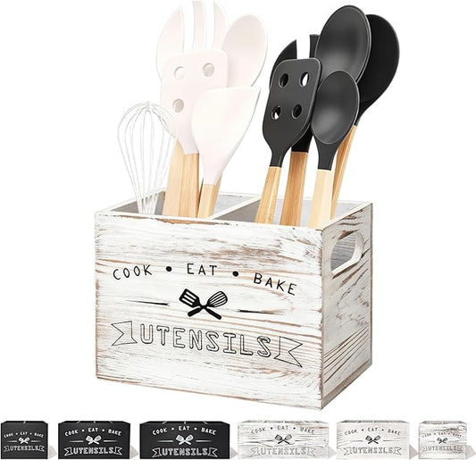 Retro White Wood Kitchen Utensil Holder - Small, Durable & Ideal for Kitchen Counter Decor （Retro White 2 Compartment）