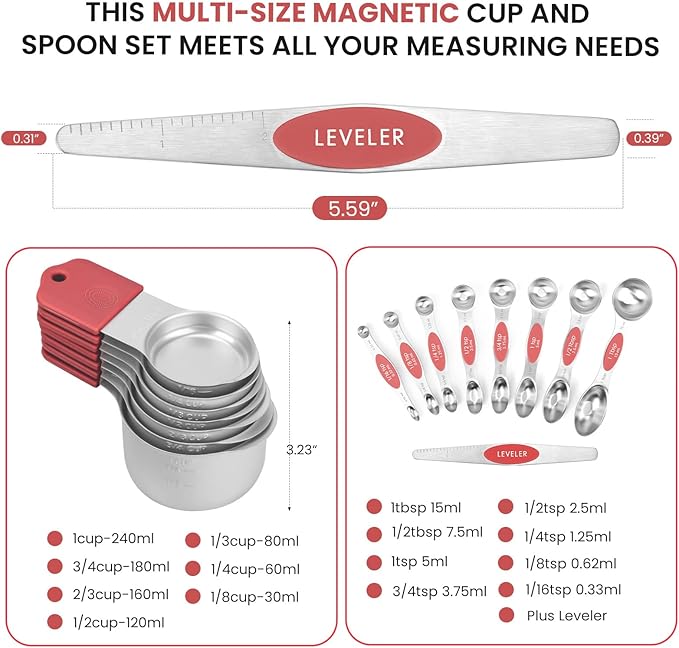 Magnetic Measuring Cups and Spoons Set-Heavy Duty 304 Stainless Steel，Double Measurement Markings，Set of 16 with Leveler for Measure Dry and Liquid Ingredients (Red) - Image 6