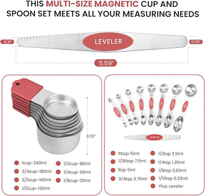 Magnetic Measuring Cups and Spoons Set-Heavy Duty 304 Stainless Steel，Double Measurement Markings，Set of 16 with Leveler for Measure Dry and Liquid Ingredients (Red) - Image 6