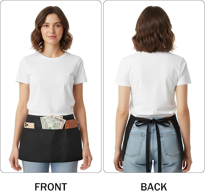 BOHARERS 3 Pockets Waitress Apron 12 Pack Cotton Server Apron Black Half Aprons for Men & Women Waterproof and Oil Proof