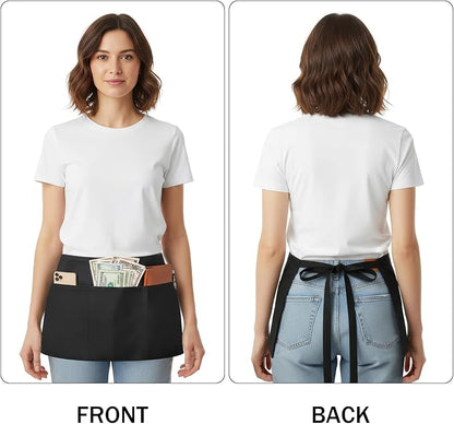 BOHARERS 3 Pockets Waitress Apron 12 Pack Cotton Server Apron Black Half Aprons for Men & Women Waterproof and Oil Proof