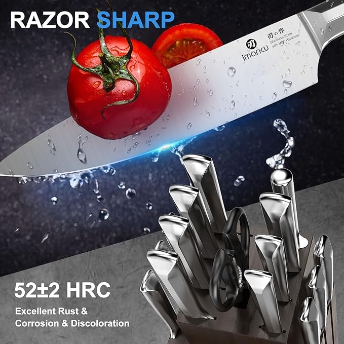 imarku Knife Set, 16Pcs Japanese Knife Set with Block & Built-in Sharpener, High Carbon Stainless Steel Kitchen Knives, Non-Slip Ergonomic Handle, Dishwasher Safe, Home Essentials Perfect for Gifts - Image 2