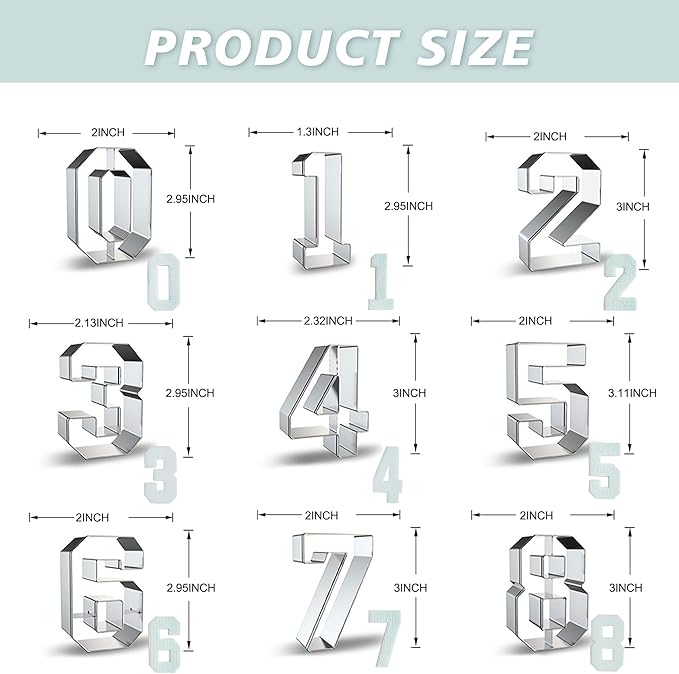 Number Cookie Cutters Set 3 Inch, 9 Pcs Stainless Steel Numbers Cutter Set Fondant Biscuit Fruit Dough Mold for Fruit Vegetable Sandwich Birthday Christmas and Holiday Party (Angular Number）