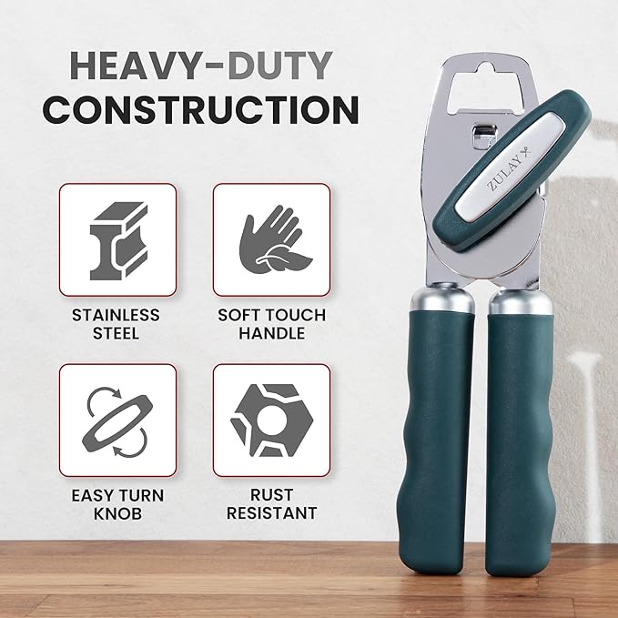 Zulay Kitchen Heavy Duty Stainless Steel Can Opener Manual with Bottle Opener - Rust Proof Manual Can Opener With Turn Knob & Comfy Soft Grip Handles - Green - Image 3