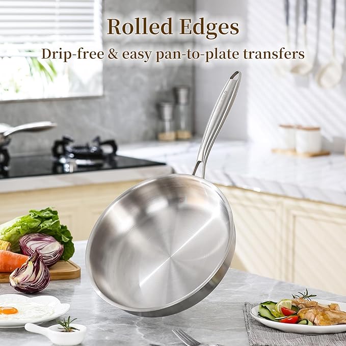 DELARLO Tri-Ply Stainless Steel Pan, 18/10 Frying Pan, Oven Safe Up to 600°F, Nontoxic Cookware, Compatible with All Cooktops Skillet, Durable, Fast Even Heat Fry Pan,9+11 inch Pan - Image 4