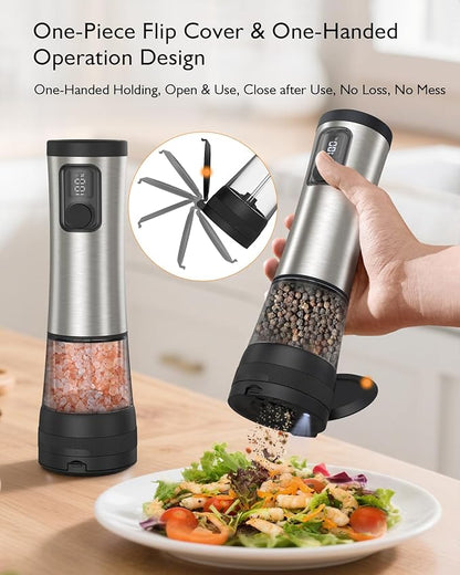 Electric Salt and Pepper Grinder Set, Upgraded 2-Speed Setting, External 5 Adjustable Coarseness, Battery Display Rechargeable Base, Stainless Steel Automatic Salt & Pepper Shakers Mill with LED Light - Image 9