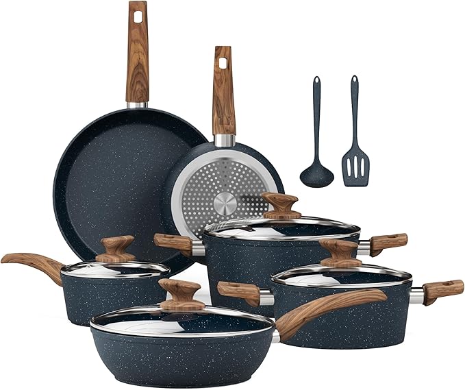 Kitchen Academy Pots and Pans Set Non Stick - 12 Piece Induction Kitchen Cookware Sets, Blue Granite Nonstick Cooking Pans Set by KITCHENACADEMYBETTERLIVINGTHROUGHCOOKINGPERFECTION