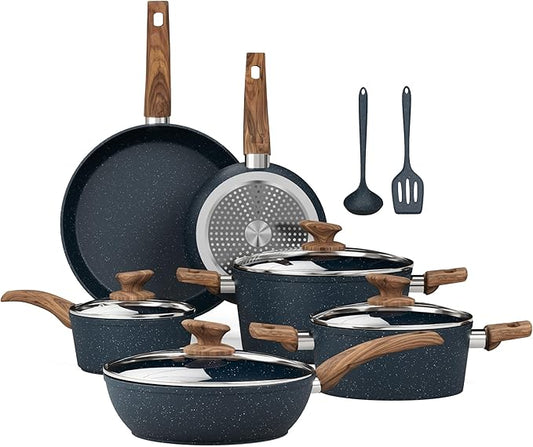 Kitchen Academy Pots and Pans Set Non Stick - 12 Piece Induction Kitchen Cookware Sets, Blue Granite Nonstick Cooking Pans Set by KITCHENACADEMYBETTERLIVINGTHROUGHCOOKINGPERFECTION