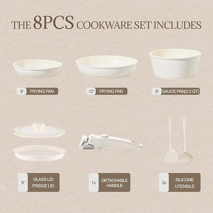 Ceramic Cookware Set Non Stick 8Pcs Pots and Pans Set Detachable Handle Induction Kitchen Cooking Set with Frying Pans Oven Dishwasher Safe, PFAS/PFOA Free, Cream White - Image 2