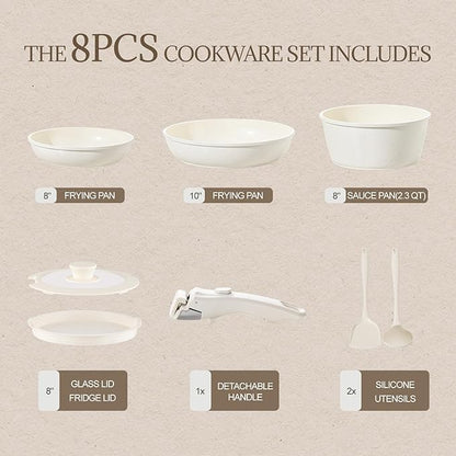 Ceramic Cookware Set Non Stick 8Pcs Pots and Pans Set Detachable Handle Induction Kitchen Cooking Set with Frying Pans Oven Dishwasher Safe, PFAS/PFOA Free, Cream White - Image 2