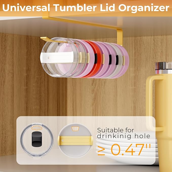 2 PCS Tumbler Lid Organizers, Ample Lid Capacity Up to 30 Lids, No Adhesive No Drill Yeti Lid Organizer Holder Inside Cabinet, Space-Saving Stanley Tumbler Cup Lid Holder Organizer for Kitchen (Gold) - Image 3