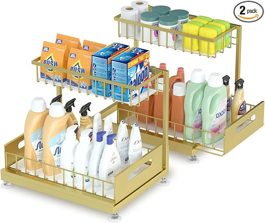 Saydear Under Sink Organizer Storage 2-Tier Premium Metal Pull-Out Kitchen Cabinet Organizer with Sliding Drawer, Height Adjustable, Heavy Duty for Kitchen & Bathroom Organizers 2 Pack Gold by Saydear