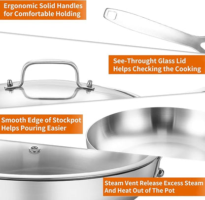 DELARLO Whole Body Tri-Ply Stainless Steel 12 Inch Frying Pan With Lid, kitchen large Skillet Suitable for All Stove Up to 600℉, 18/10 Cookware