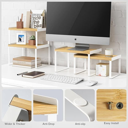 Goozii Kitchen Cabinet Organizer Set of 4, Desk Shelf Riser, Stackable Cabinet Pantry Cupboard Organizer, Kitchen Counter top Shelf, Storage Rack for Spices, Plates, Bamboo Wood, White