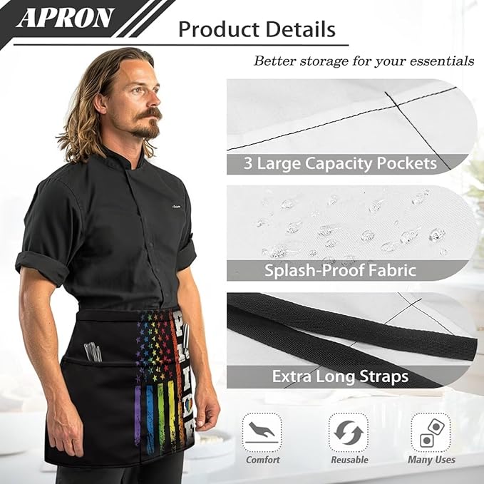 Server Apron with 3 Pockets, Waterproof Oil Waitress Waiter Half Apron for Restaurant Hotel Kitchen Cafe