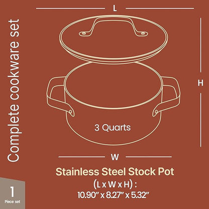Bakken 3 Quart Ceramic Coated Stock Pot with Lid, Easy to Clean Nonstick Pot, Tempered Glass Lid, Riveted Stainless Steel Handles, Oven Safe Up To 500°F, PTFE & PFAS Free, All Stove Compatible, Black - Image 2
