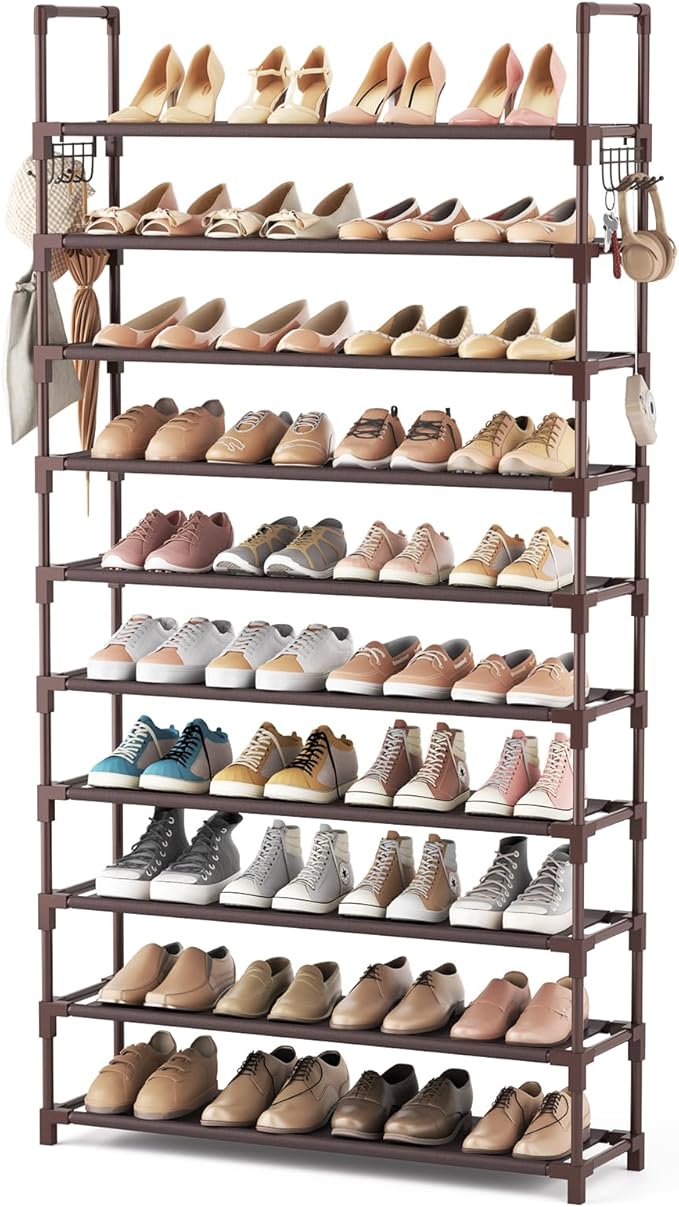 VTRIN 10 Tiers Shoe Rack Tall Large Capacity Wide Shoe Organizer Sturdy Shoe Shelf for Entryway with Two Hooks Metal Shoe Storage for Closet, Bedroom, Brown by VTRIN