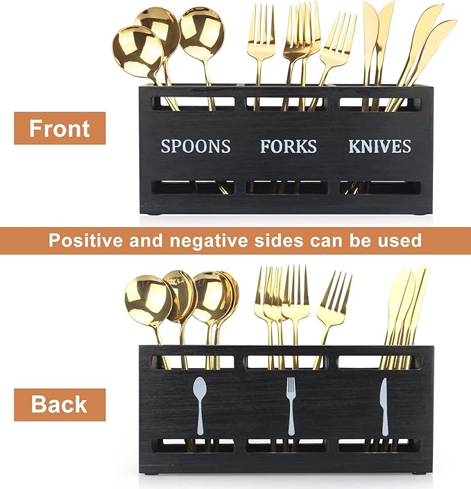 Ayiaren Wooden Silverware Caddy Flatware Cutlery Holder Wood Silverware Organizer Containers Small Black Kitchen Utensil Holder for Countertop Spoon and Fork Holder Flatware Utensils Caddy for Party - Image 4