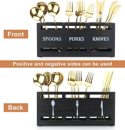 Ayiaren Wooden Silverware Caddy Flatware Cutlery Holder Wood Silverware Organizer Containers Small Black Kitchen Utensil Holder for Countertop Spoon and Fork Holder Flatware Utensils Caddy for Party - Image 4