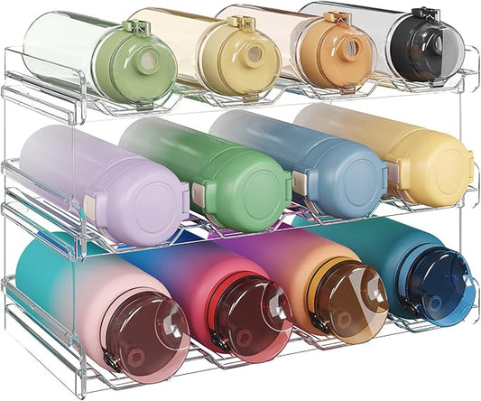 Lifewit Stackable Water Bottle Organizer for Cabinet, Plastic Bottle Holder Fits Bottles/Tumblers up to 3.8" Diameter for Pantry/Countertop, 3 Tier Holds14 Bottles 41 x 20 x 24 cm/16 x 8 x 9.5"