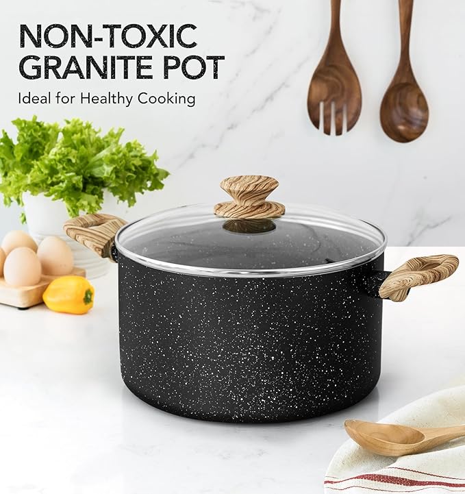 MICHELANGELO 6 Quart Stock Pot with Lid, Nonstick Soup Pot with Lid, 6 Qt Cooking Pot Induction Compatible, Non Stick Pots with Stay-cool Handle, Nonstick Pots for Cooking, Black Granite - Image 2