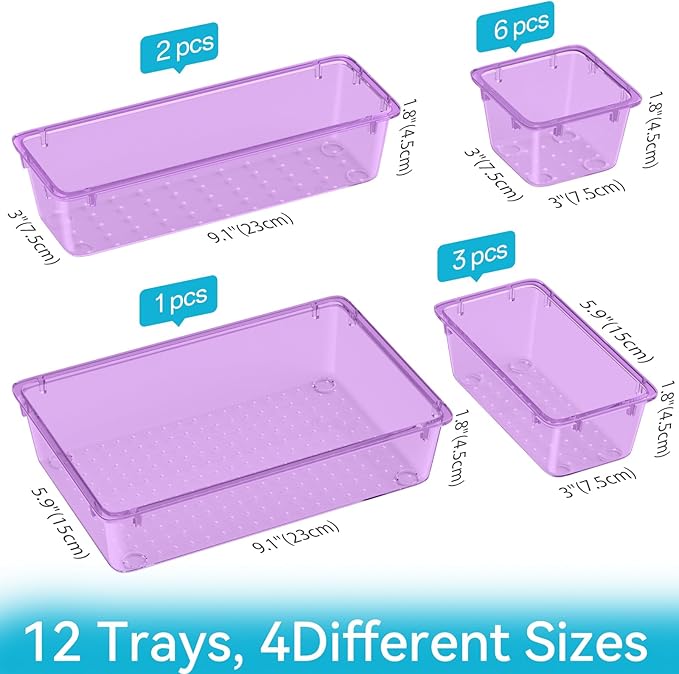 ElegantArray 12-Piece Drawer Organizer Set, 4 Sizes Versatile Plastic Vanity Organizer for Makeup, Stationery, Gadgets, in Kitchen, Bathroom, Office, and Bedroom, Purple - Image 2