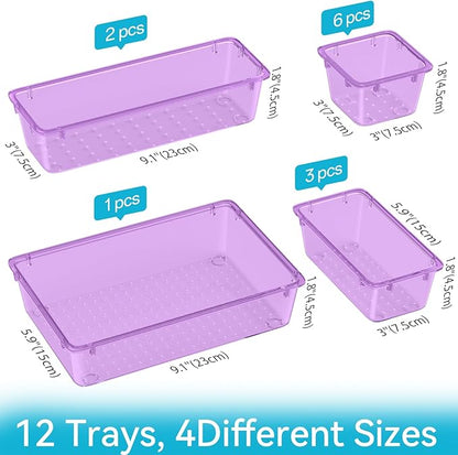 ElegantArray 12-Piece Drawer Organizer Set, 4 Sizes Versatile Plastic Vanity Organizer for Makeup, Stationery, Gadgets, in Kitchen, Bathroom, Office, and Bedroom, Purple - Image 2