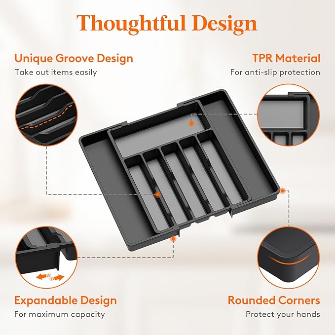 Lifewit Silverware Drawer Organizer, Expandable Utensil Tray for Kitchen, BPA Free Flatware and Cutlery Holder, Adjustable Plastic Storage for Spoons Forks Knives, 33 -57 x 42cm, Black and Gray - Image 2