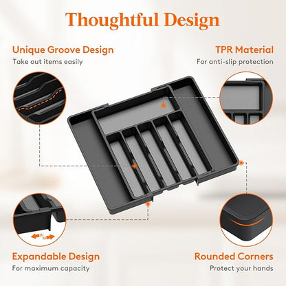 Lifewit Silverware Drawer Organizer, Expandable Utensil Tray for Kitchen, BPA Free Flatware and Cutlery Holder, Adjustable Plastic Storage for Spoons Forks Knives, 33 -57 x 42cm, Black and Gray - Image 2