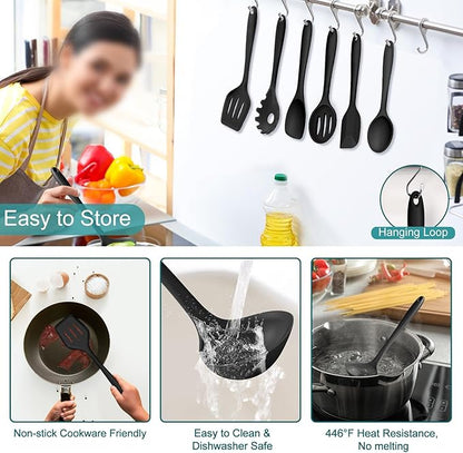 TeamFar Silicone Cooking Utensil Set of 7, Black Kitchen Nonstick Tools Turner Spoon Spatula Ladle Pasta Server for Nonstick Cookware, Healthy & One-Piece, Anti-Heat & Dishwasher Safe - Image 4