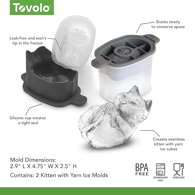 Tovolo Cat Ice Cube Mold with Yarn Pack of 2 Large Kitten Ice Molds for Whiskey Cocktails, Easy Fill No Leak Silicone Cat Shaped Ice Cube Gifts for Pet Lovers Stackable Dishwasher Safe BPA Free - Image 8
