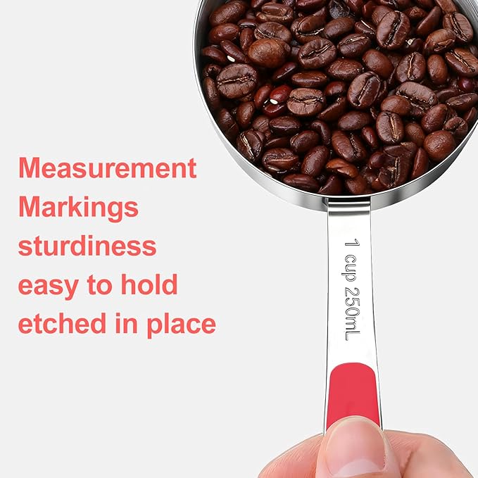 Bopei Measuring Cups and Spoons Set Stainless Steel 10 Piece for Cooking and Baking (5 Cups + 5 Spoons, Red Handle) - Image 4