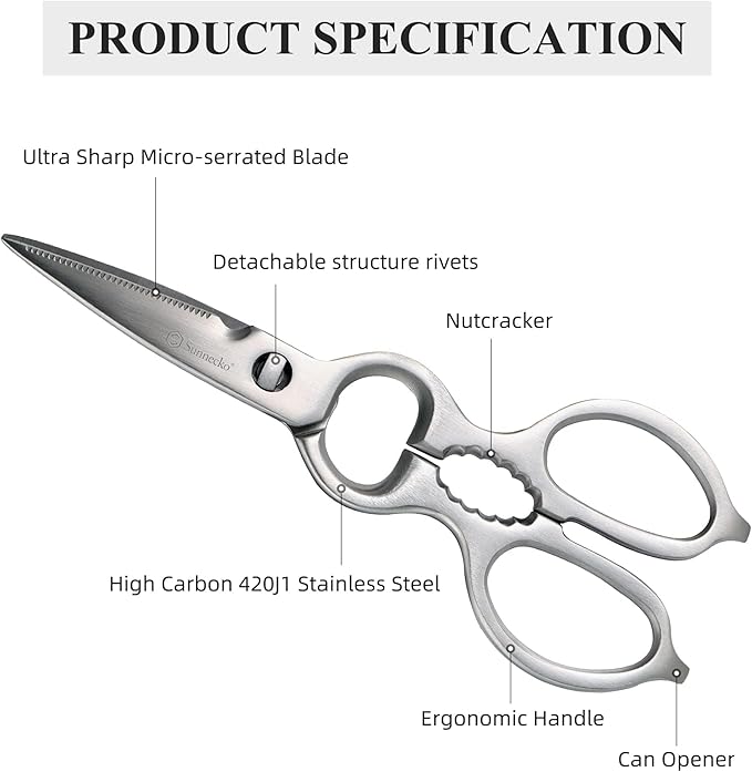 Sunnecko Heavy Duty Kitchen Scissors - Stainless Steel Kitchen Shears, Ultra Sharp Micro Serrated Poultry Shears, Cooking Scissors for Meat, Dishwasher Safe - Image 2