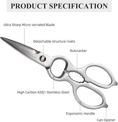 Sunnecko Heavy Duty Kitchen Scissors - Stainless Steel Kitchen Shears, Ultra Sharp Micro Serrated Poultry Shears, Cooking Scissors for Meat, Dishwasher Safe - Image 2