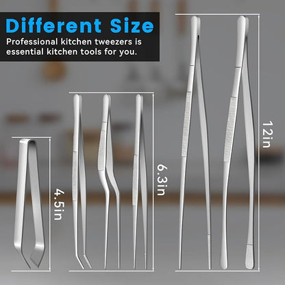 HOTEC Kitchen Tweezers Tongs Stainless Steel, Set of 6 - Professional Cooking Tweezers for Cooking, Chefs, BBQ, Seafood, Baking & Repair - Image 7