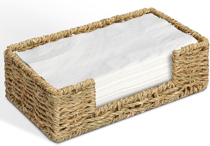Graciadeco Bathroom Disposable Guest Towel Napkin Holder Long Seagrass Woven Rattan Wicker Table Dinner Paper Hand Guest Towel Napkin Basket Tray Caddy for Kitchen