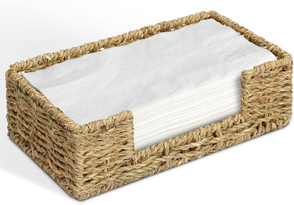 Graciadeco Bathroom Disposable Guest Towel Napkin Holder Long Seagrass Woven Rattan Wicker Table Dinner Paper Hand Guest Towel Napkin Basket Tray Caddy for Kitchen