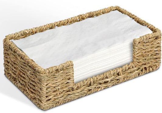 Graciadeco Bathroom Disposable Guest Towel Napkin Holder Long Seagrass Woven Rattan Wicker Table Dinner Paper Hand Guest Towel Napkin Basket Tray Caddy for Kitchen