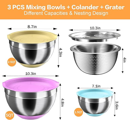 Nicdiet Mixing Bowls with Airtight Lids, Stainless Steel Mixing Bowl Set with 3 Metal Nesting Bowls, Colander & Grater, Non-Slip Bottoms, Size 1.5, 2.5, 5 QT, Great for Mixing & Serving, Mutilcolor - Image 7