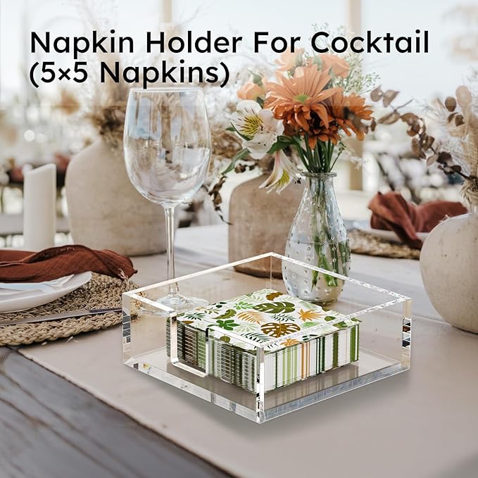 HIIMIEI Acrylic Napkin Holder for Table: Square Luncheon Napkin Tray, Flat Decorative Guest Towel Holder for Bathroom, Kitchen, Bar, Dinner, Party, 7.6 x 7.6 inches（Clear) - Image 4