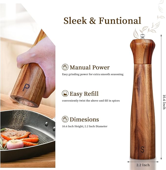 Haomacro 2 Pack 10 Inch Acacia Wooden Salt and Pepper Grinder Set, Manual Salt and Pepper Mills, Salt Grinder Refillable with Adjustable Coarseness, Ceramic/Stainless Steel Core Tableware Gifts - Image 3