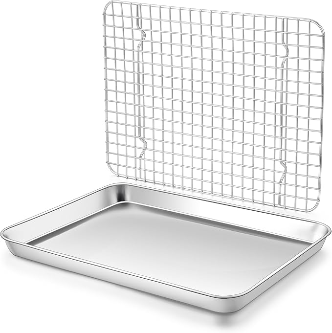 Homikit Baking Sheet with Wire Rack Set (1 Pan+1 Rack), 12" x 10" Stainless Steel Quarter Sheet Pan with Grid Cooling Rack for Toaster Oven Roasting, Metal Bacon Cookie Trays Nonstick Jelly Roll Pan
